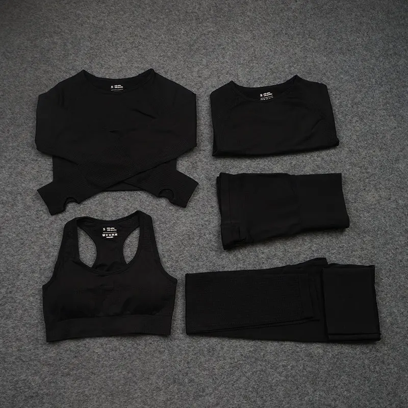

Set of 5 Women Fitness Seamless Sports Short and Long Sleeve Top Leggings and Cropped Pants Yoga Wear Suit