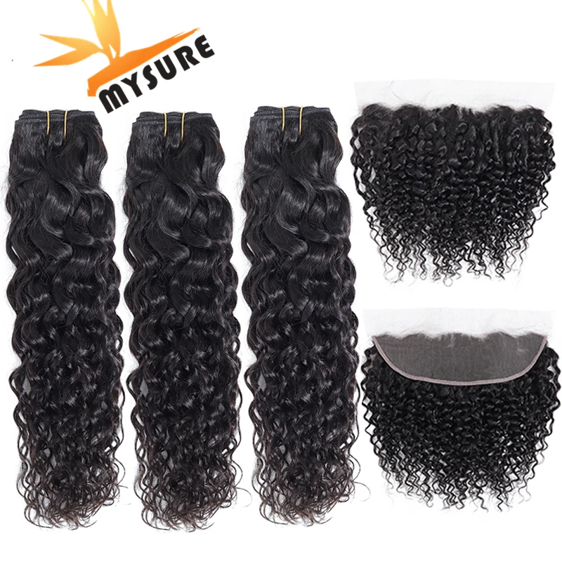 

Brazilian Water Wave Human Hair 3 Bundles With Lace Frontal Closure With Bundles Ear To Ear Lace Frontal Non-Remy