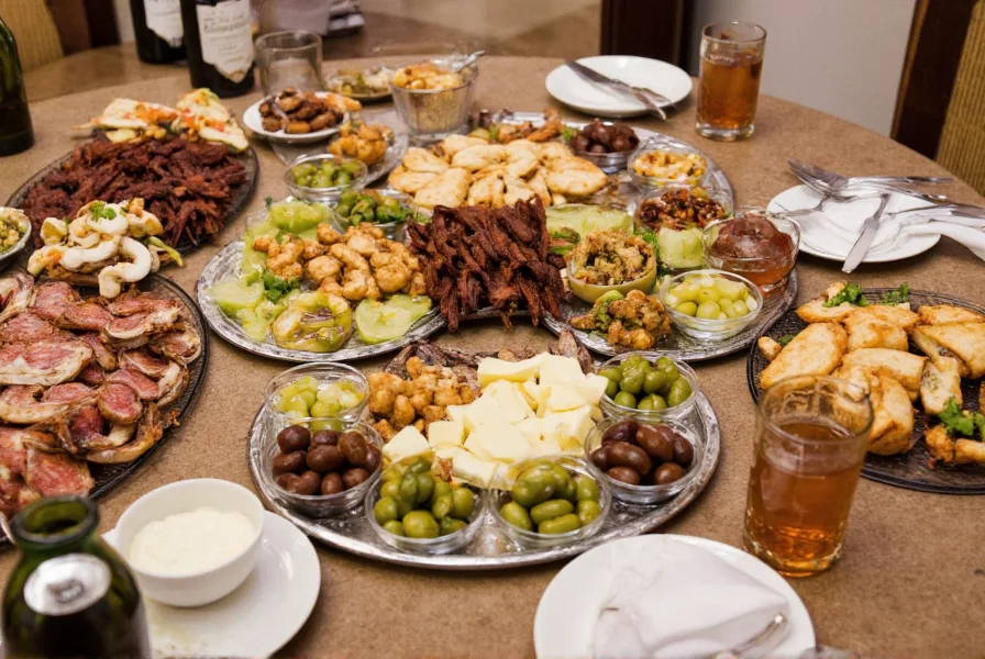 Spanish tapas spread with olives, manchego cheese, and seafood