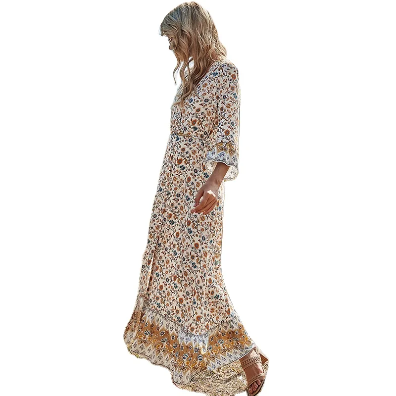 

2021 A Line Women's New High Waist V-neck Slit Bohemian Vestidos Long Floral Summer Dress