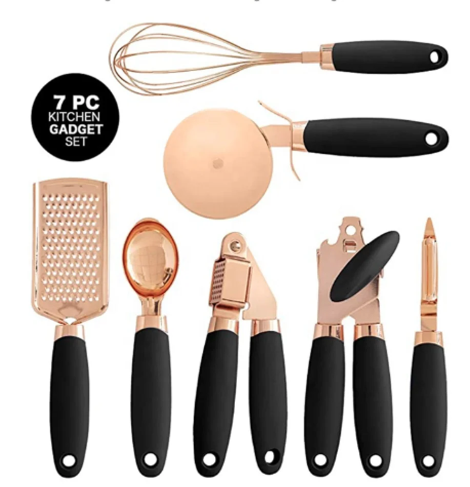 

COOK With COLOR 7 Pc Kitchen Gadget Set Copper Coated Stainless Steel Utensils with Soft Touch Pink Handles, Black