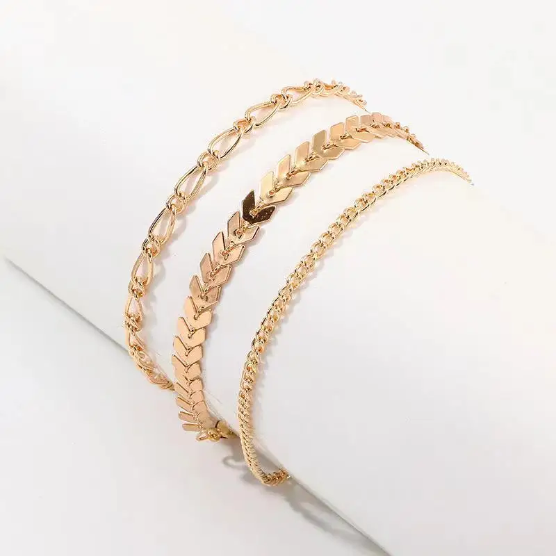 

Factory wholesale 2021 new simple metal texture chain anklet leaves leaf three piece anklet, Picture