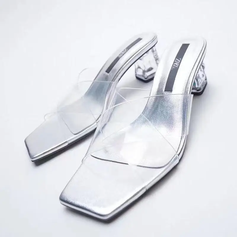 

Brand shoes summer PVC transparent cross strap women sandals clear perspex block heel female mules lady sliders plus size