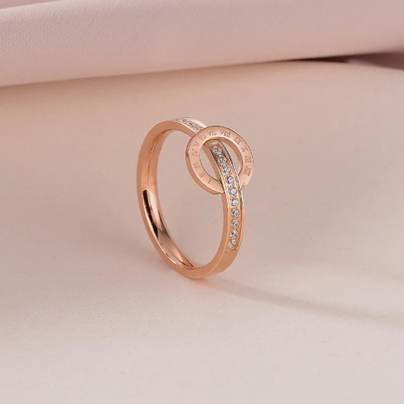 

Korean Version Of Simple Female Ins Wind Rose Gold Fashion Roman Numerals Micro Diamond Stainless Steel Personality Trend Ring, Picture shows