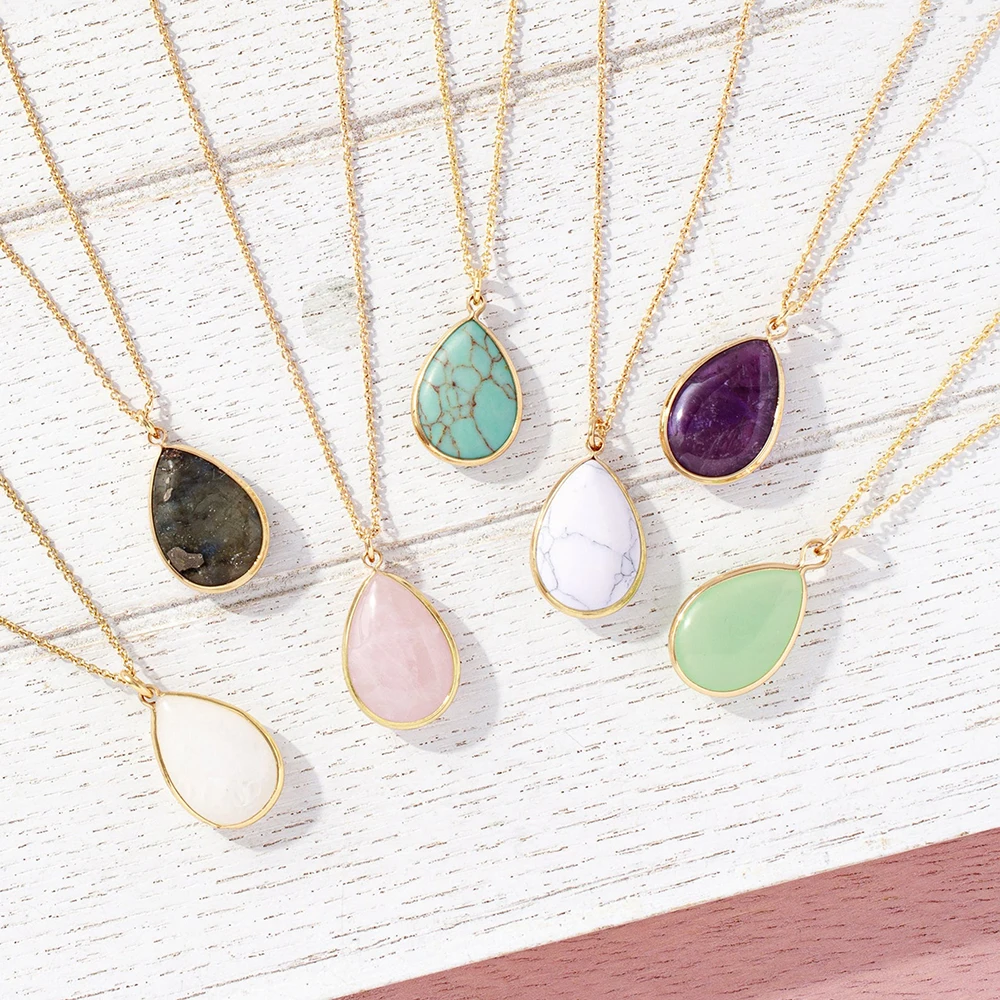 Personalized Dainty Jewelry GiftsRose Quartz Amethyst Geometric Teardrop Pendant Necklace For Women Unique Crystal Gifts