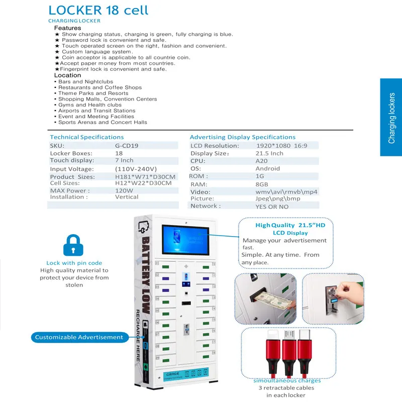 
18 Bay cell phone charging locker charging kiosk charging station 