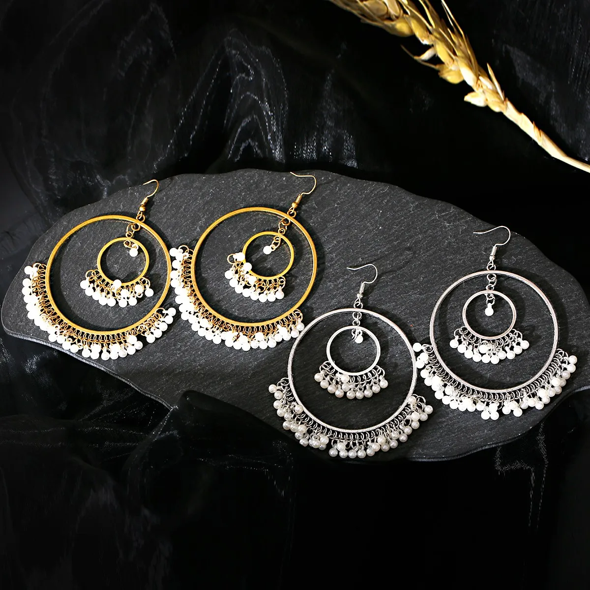 

Indian jhumki jhumka Earrings Gold Silver Big Round Hook Earrings Drop Faux Pearls Ethnic Wedding Party Jewelry