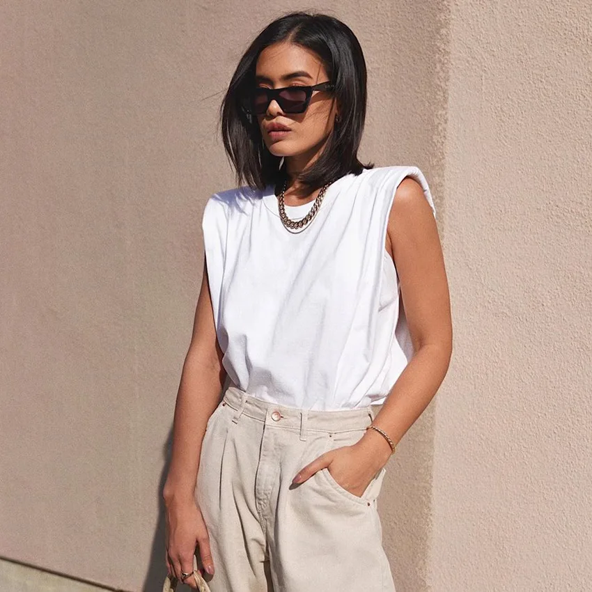 

Cotton Shoulder Padded Korean Women T-shirt O-neck Sleeveless Solid Female T Shirt 2021 New Summer Casual Loose Ladies Top Tees