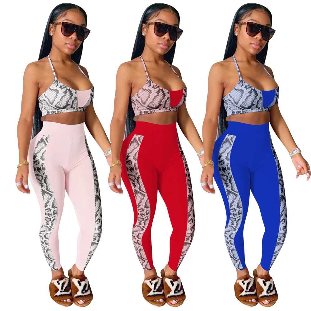 

XM-20040111 Patchwork Summer Two Piece Outfits Women Sexy Snakeskin Crop Top 2 Piece Pants Set Women Clothing