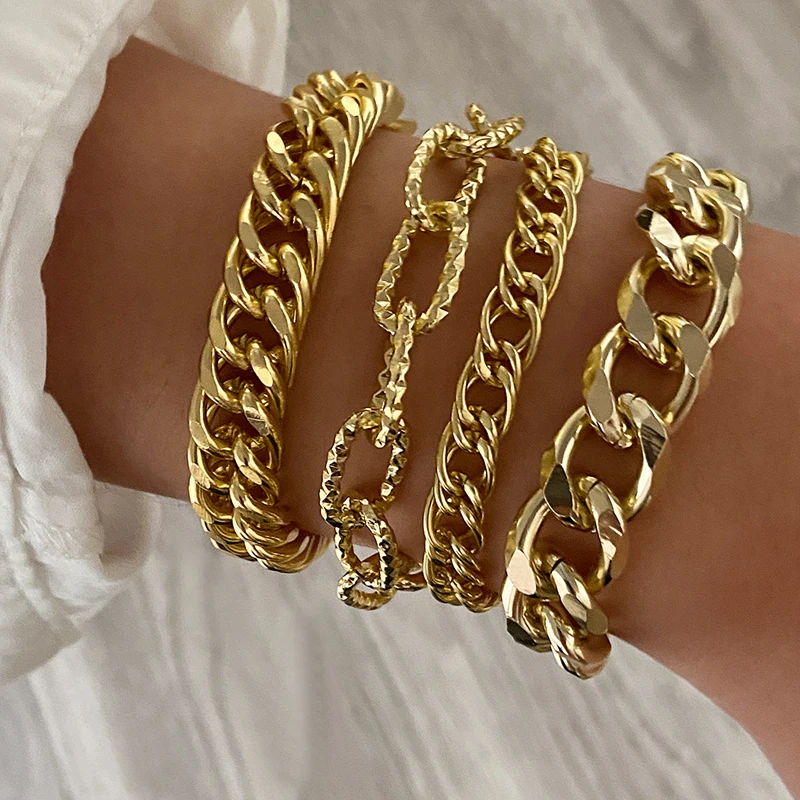 

Finetoo Luxury Gold Cuban Link Chain Bracelet Gold Plated Punk Style Chunky Charm Bracelets For Women, As photos