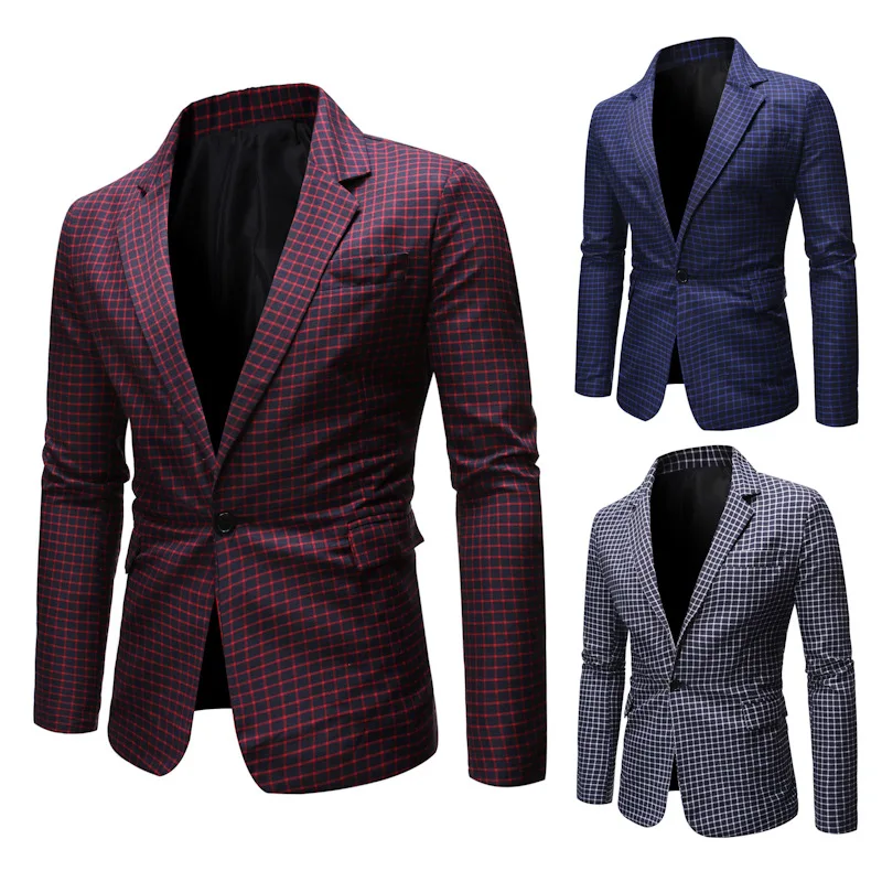 

Fashion Mens Suit Slim Fit plaid Wedding office Business Lapel Blazer plaid suit top men