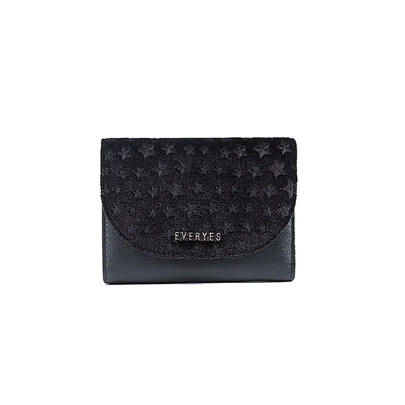 

Star pattern tri fold cash card bag black PU leather thin wallet for lady