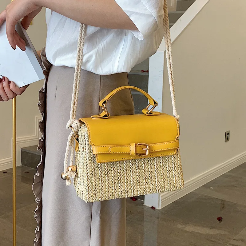 

Resort style hemp rope crossbody bag with leather handle straw summer bag