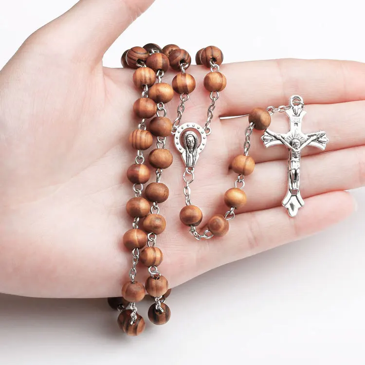 

Cross Beads Necklace Wood Bead Necklace Catholic Wooden Prayer Beads Rosary Jesus Christ Virgin Mary Long Religious Necklaces