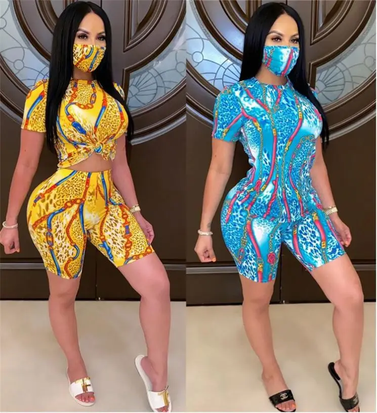 

M10333 womens plus sized clothing Exposed navel fashion 2 piece set pattern printing short sleeve pants cover