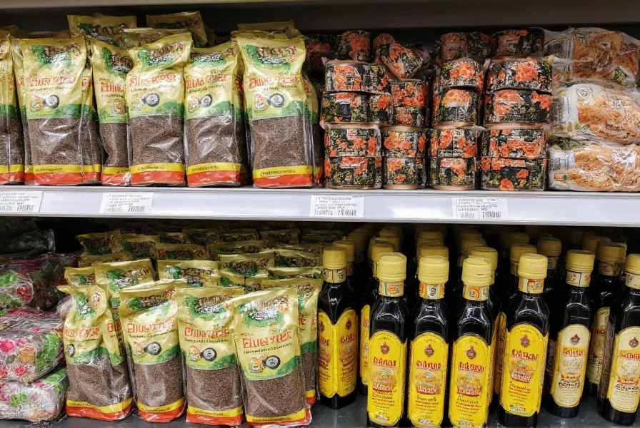 Middle Eastern grocery store shelf displaying various black cumin seed packages and oil bottles