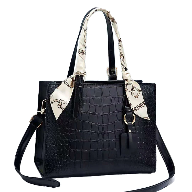 

CB408 Hot sale popular crocodile pattern with scarf tote pu leather ladies women black tote hand bags