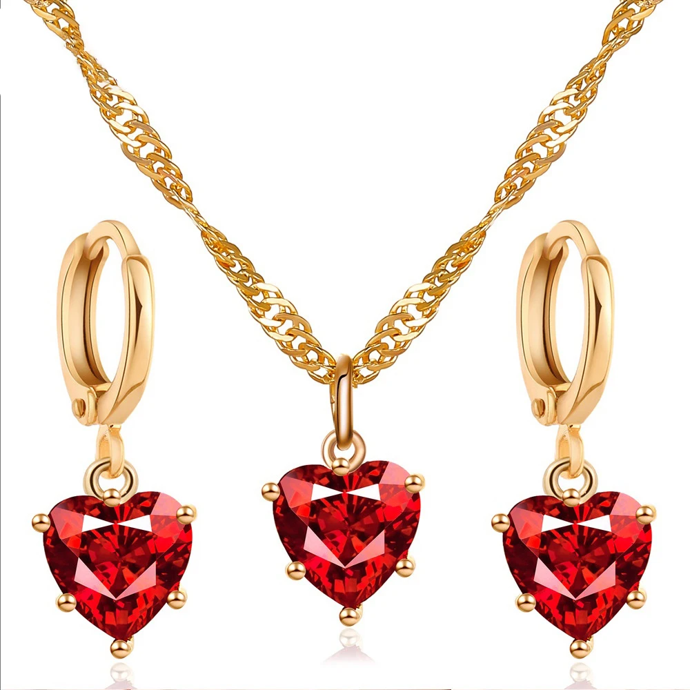 

Lovers Gift Gold Plated Huggie Earrings Water Wave Chain Red Crystal Heart Jewelry Set for Women, Picture color