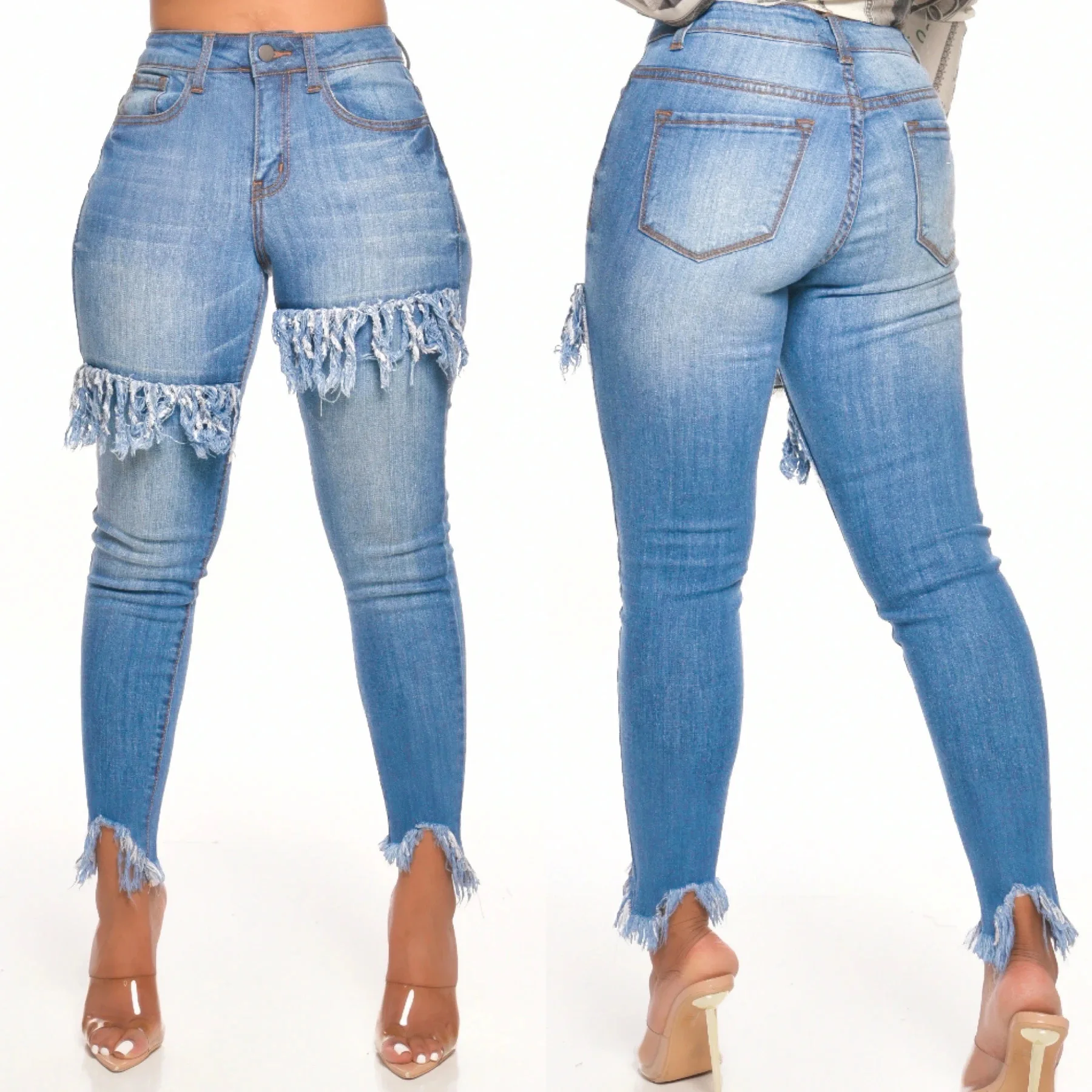 

B53263A New arrival woman fashion washed casual tassel jeans pants