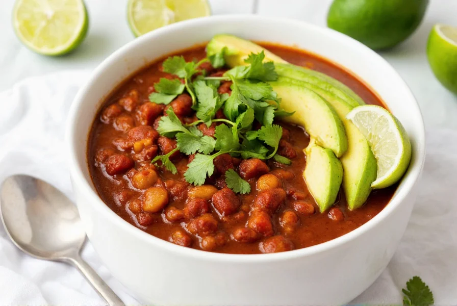 Finished vegetarian chili in bowl with various toppings including avocado, cilantro, and lime wedges