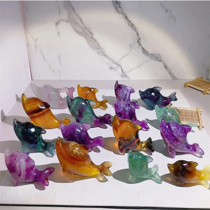 Hot Sales Natural Rainbow Candy  Fluorite Dolphin Healing Stones Meditation Dolphin Carving for Crystal Crafts