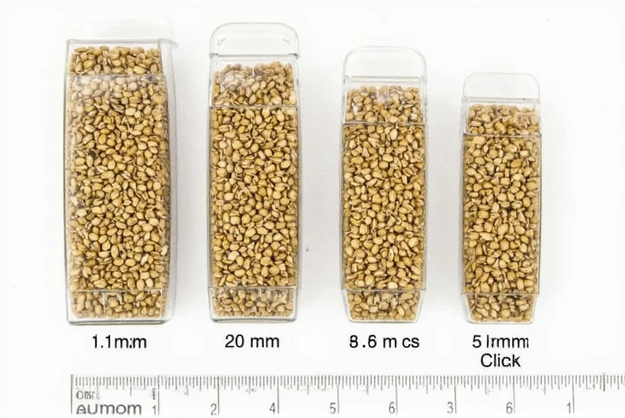 Close-up macro photography of mustard seeds next to common size references: a ruler showing millimeter measurements, a grain of rice, and a pencil tip for scale