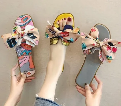 

Cheap Summer Popular Women Casual Slide sandal with Bow Decoration Ladies Slipper Printed Flat Slides for girl, Colorful