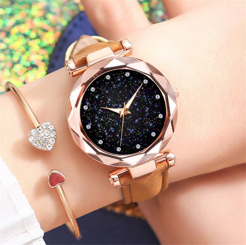 

WJ-9378 Star Flash Leather Belt Watch Girls Quartz Watches Wholesale Stcck Luxury Women's New Factory Direct Sale Wristwatch, Mix