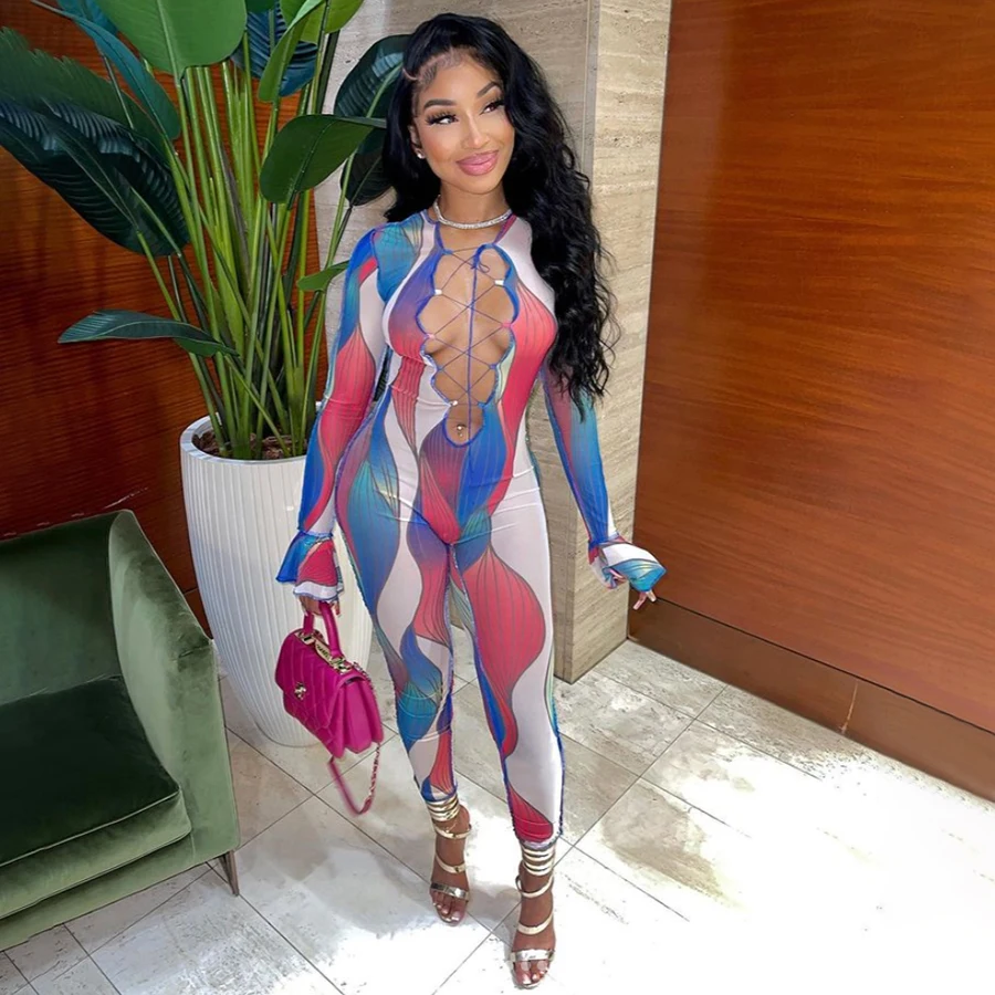 

2021 New Design Print Bodysuit Autumn Winter Long Sleeves Women Jumpsuit