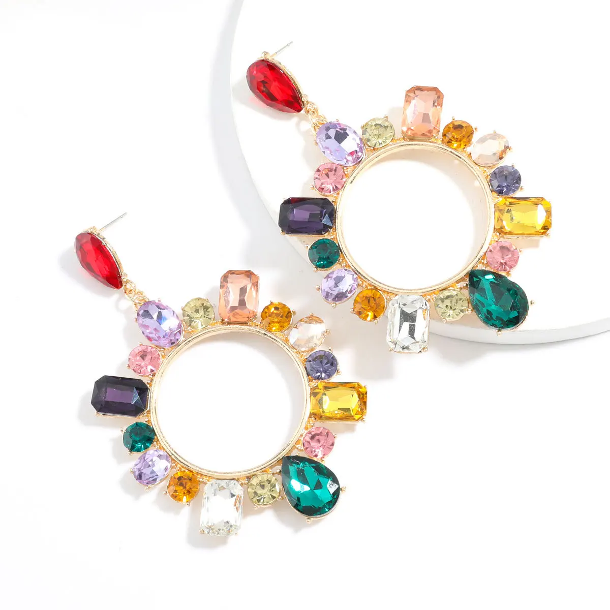 

Exaggerated Jewelry Bohemia Colorful Crystal Big Circle Drop Earrings Rainbow Crystal Round Drop Earrings For Woman