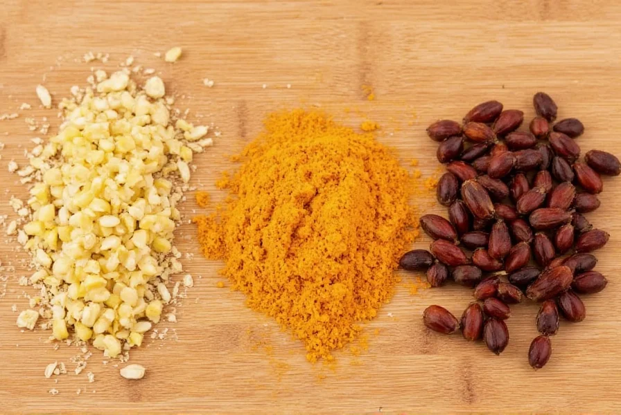 Close-up comparison of fresh ginger alternatives: galangal, turmeric, and allspice berries arranged on wooden cutting board