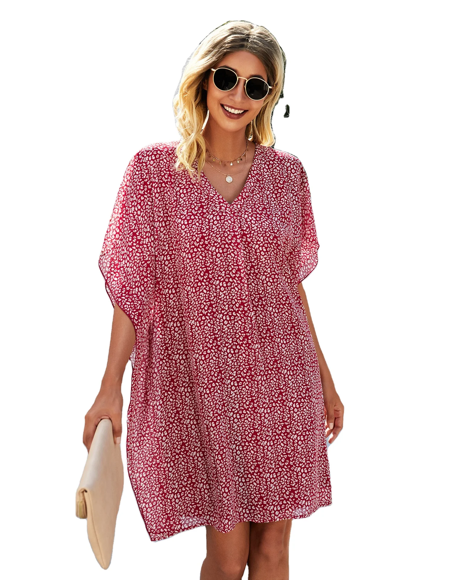 

Summer Leopard print V-neck short sleeve dress Ruffle bat sleeve women casual loose midi dress, Red,black,blue,green
