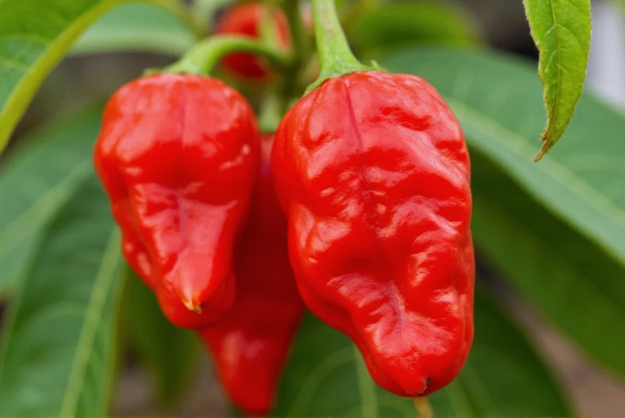 Close-up view of red ghost peppers on plant showing their wrinkled texture and pointed shape