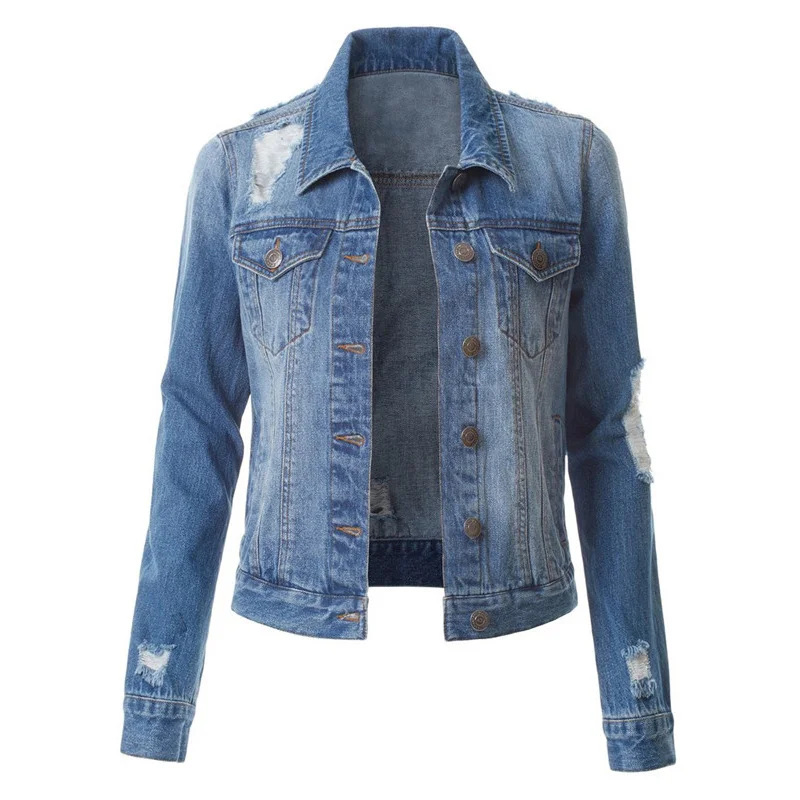 

2020 New Style Women Denim Jacket Coat Casual Ripped Holes Jean Jackets, Blue light-blue black