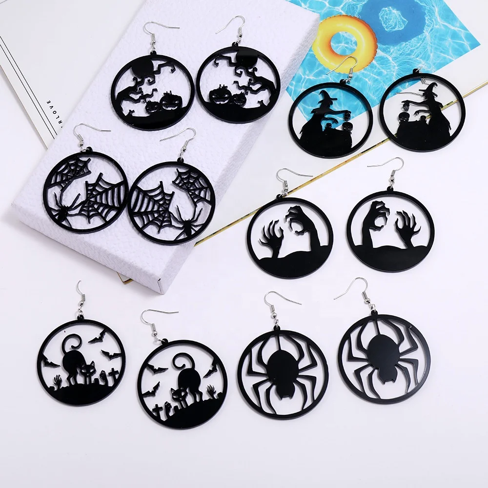 

Halloween Stud For Bat Pumpkin Lamp Spider Skeleton Ghost Cross Pendant Earring Acrylic Halloween Party Jewelry, Picture show