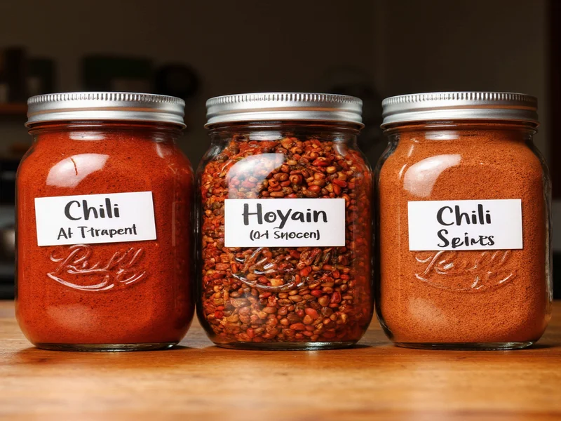 Three mason jars with regional chili spice variations labeled