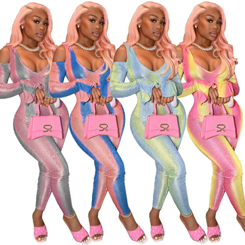 

SY-XL216 Halter Off Shoulder Gradient Color Skinny Club Jumpsuits Women bodysuits 2021 Fashion Bodycon One Piece Outfits