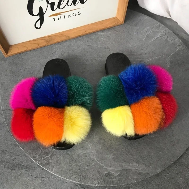 

FASHION WOMEN REAL FUR SLIDES MULTI COLORS FASHION LADY SLIPPERS WINTER INDOOR OUTDOOR SLIPPERS FLAT SLIDES