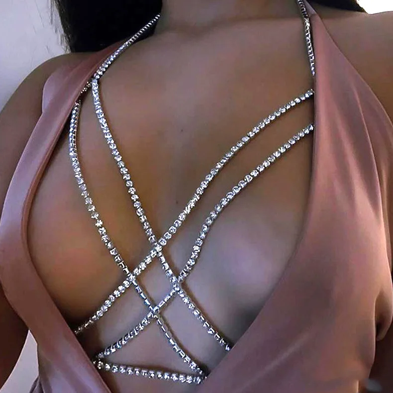 

Crossed rhinestones sexy Bohemian beach body chain