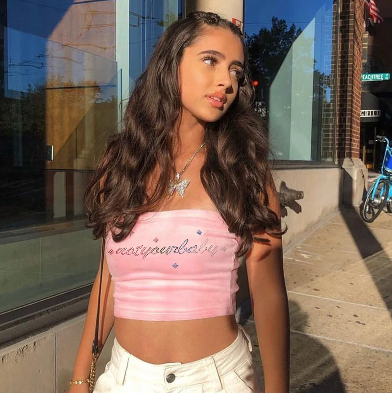 

Summer Glitter Rhinestone Letter Cami Tops Club Sexy Tank Top Female Streetwear 2021 New Sexy Cropped Womens Tube Top