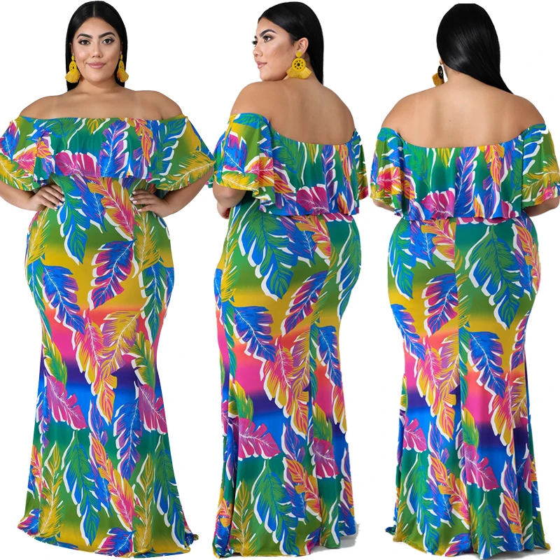 

New Arrive hot sale fashion Spring Fall Women Clothing Plus Size Dresses Floral Layered Ruffle Off Shoulder Dress, Customized color