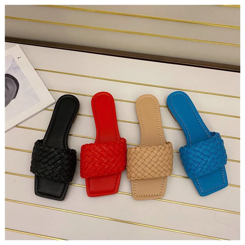 

Beach Flip Flops Candy Color Sandals Comfortable Shoes Square Toe Flat Slippers Women Fashion Weave Slides Casual, As pic