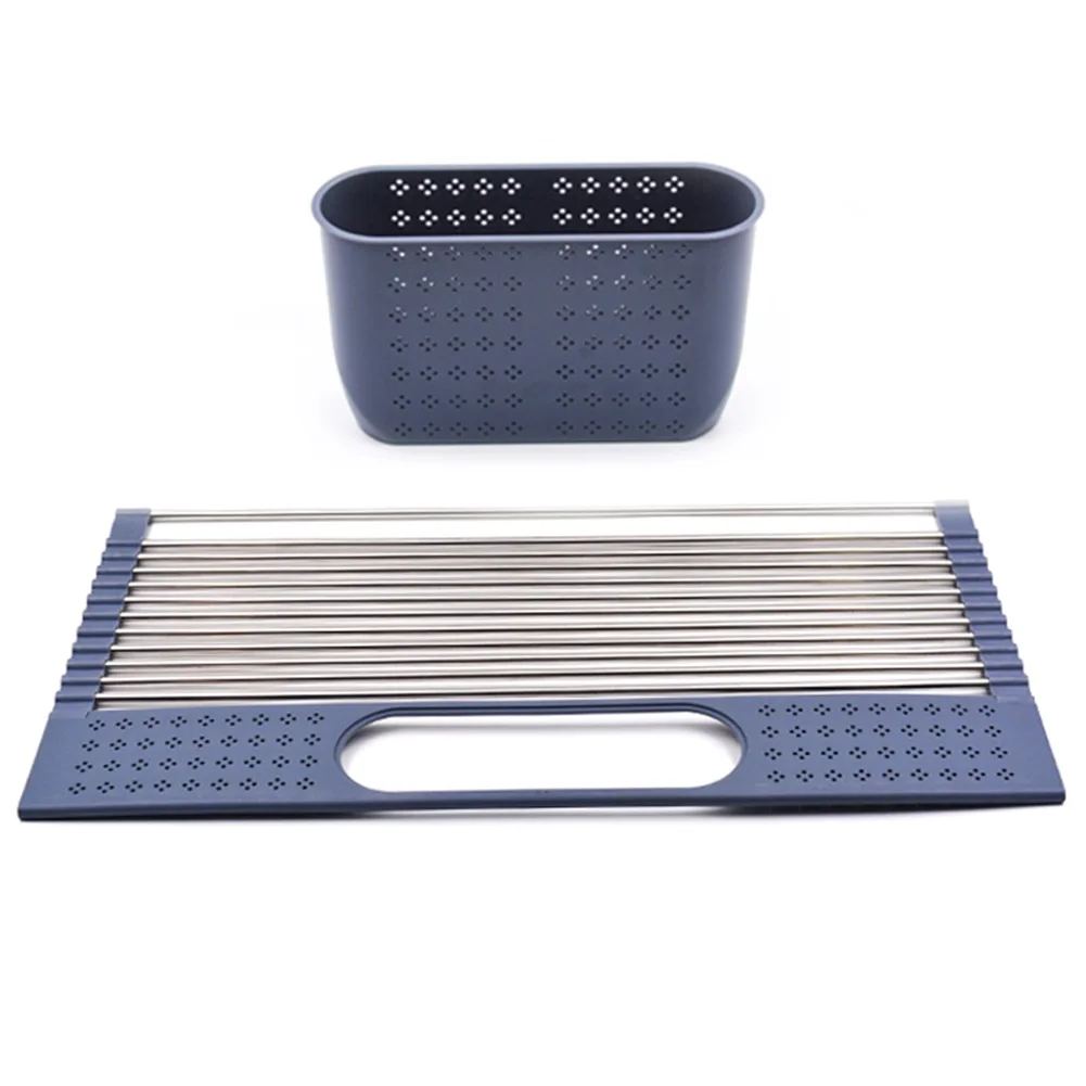 

Dish Drying Rack Stainless Steel Folding Drain Shelf Holder easily roll up the product and place it in a cabinet or kitchen cor, Blueandblack