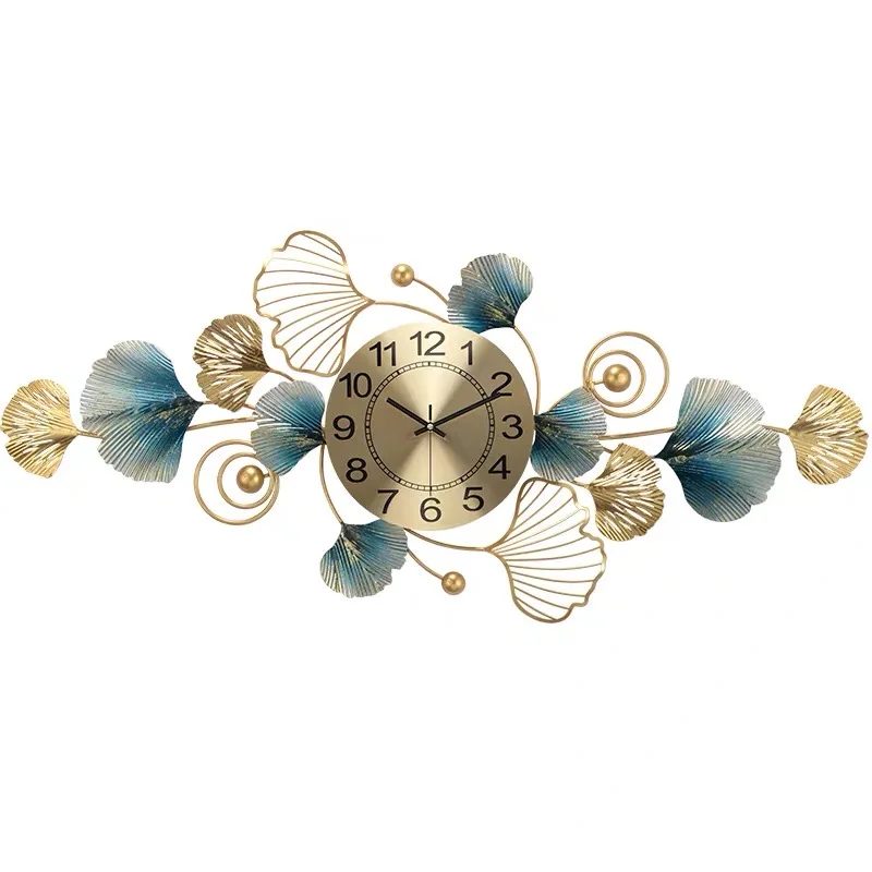 

Metal ornament Ginkgo Leaf wall clock Living room household Luxury fashion clock luxury simple art creative clock, Gold and silver