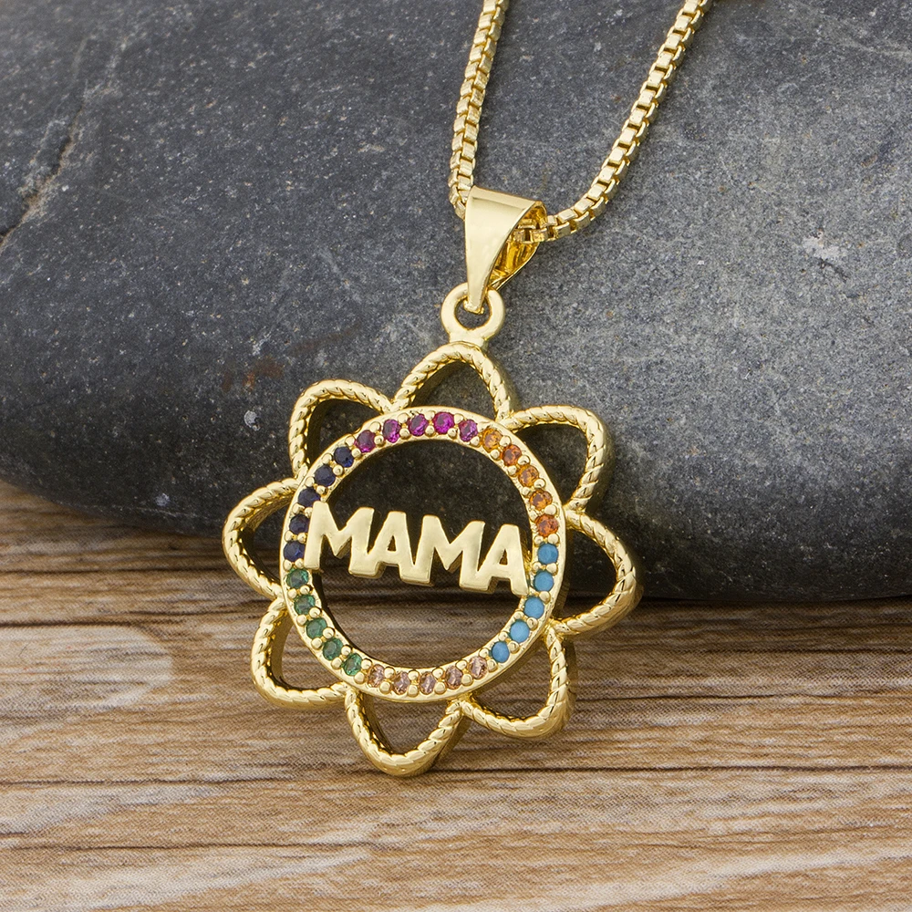 

Elegant Mother's Day Gift Jewelry Mama Letter Name Pendant Necklace Copper Cubic Zirconia Sunflower Mama Necklace, Picture shows