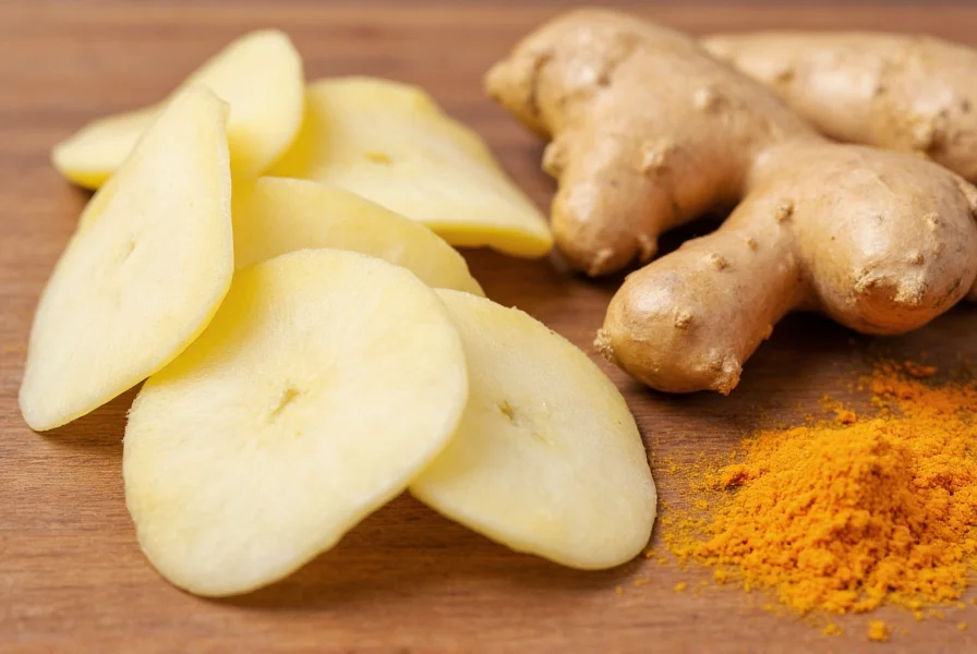 Fresh galangal root slices next to ginger and turmeric on wooden cutting board