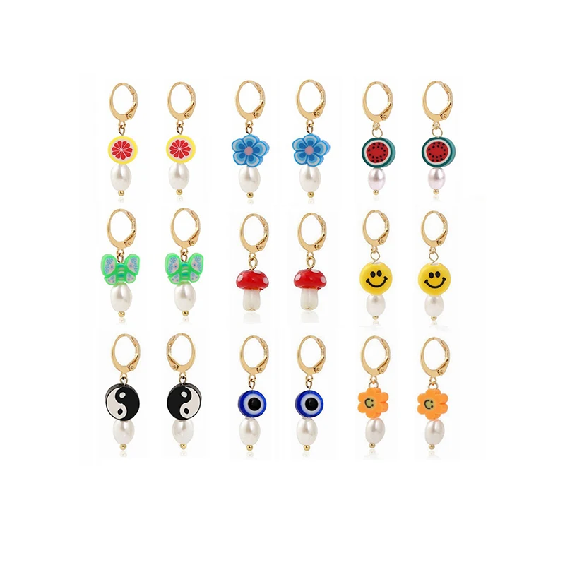 

Polymer Clay Butterfly Pearl Hoop Earrings With Charm Yin Yang Tai Chi Smiling Face Mushroom Gold Flower Hoop Earring Set