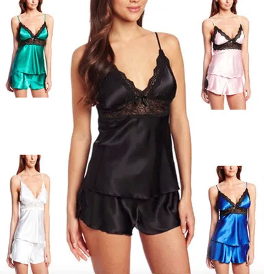 

Hot Woman Sleepwear Spaghetti Strap Manitoo Silk Two Piece Nightwear Chemise Femme Cami Short Lace Pajamas Set