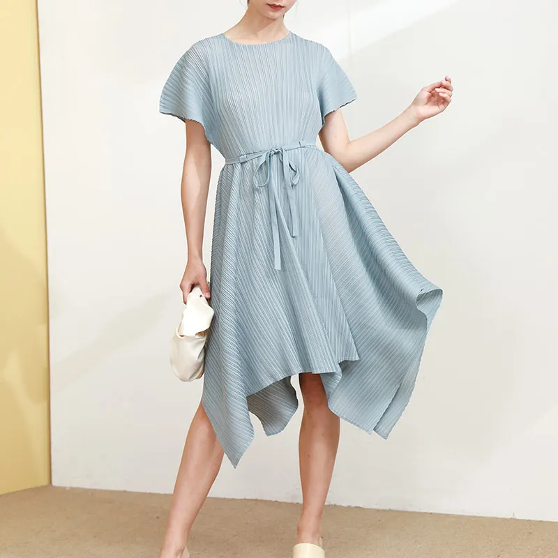 

Miyake pleated High Quality Irregular Lace-Up Dress Round Neck Casual Pleated dresses, Accept customized color