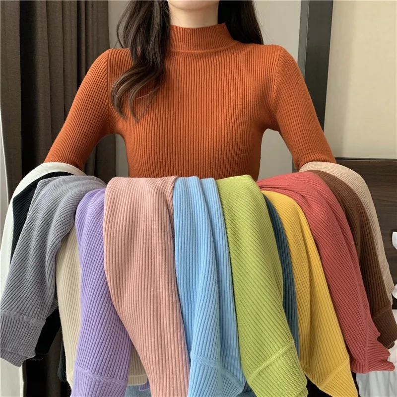 

2021 New Fashion Women Girls Knitwear Stand collar Pullover Blouse Long Sleeve Solid Color Knit Slim Casual Sweater